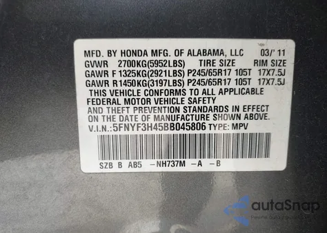 2011 Honda Pilot Ex from USA, damaged, VIN 5FNYF3H45BB045806